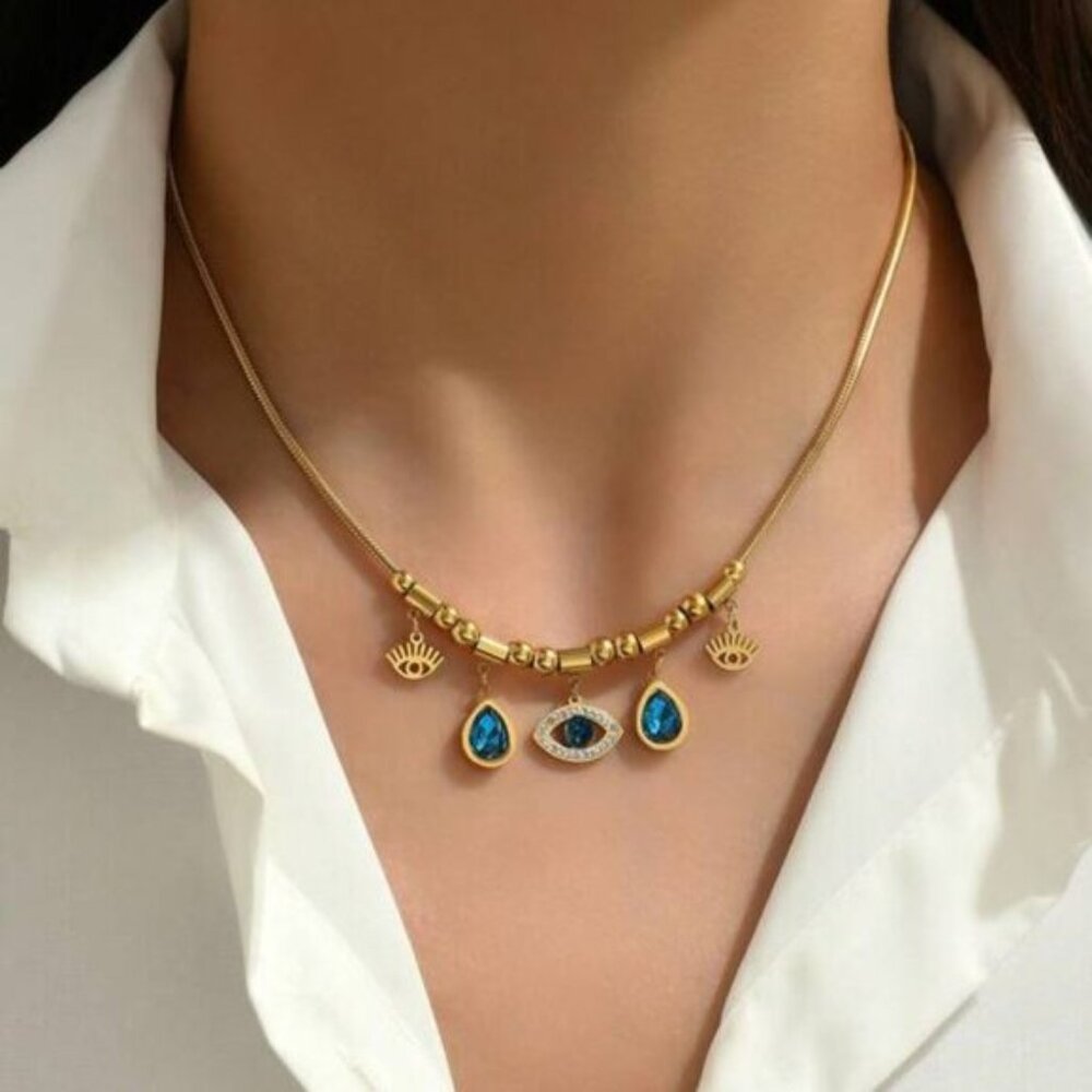 Evil Eye Charm with Teardrop Accents on 18k Gold Filled Necklace